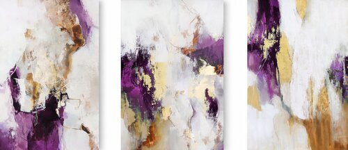 " Pink Flow Set of 3 "  Purple and gold abstract acrylic art set of 3 van Yana Sagan, Schilderij te koop op Singulart