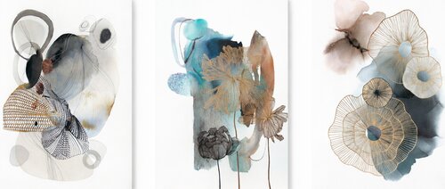 " Dancing Forms Thincord Golden Molecules Set "  Abstract blue acrylic art set of 3 by Yana Sagan, Painting for Sale on Singulart