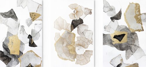 " Voile Set 3  "  Gold gray abstract acrylic art set of 3 van Yana Sagan, Schilderij te koop op Singulart