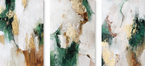 " Green Flow Set of 3 "  Abstract green and gold acrylic art set of 3 van Yana Sagan, Schilderij te koop op Singulart