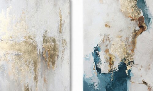 " Polarity 2 " Abstract white navy gold acrylic art set of 2 van Yana Sagan, Schilderij te koop op Singulart