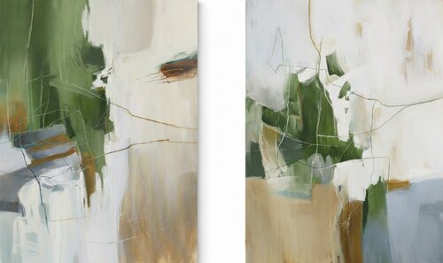 " Green Melody Set 2 "  Green cream acrylic abstract art set of 2 van Yana Sagan, Schilderij te koop op Singulart