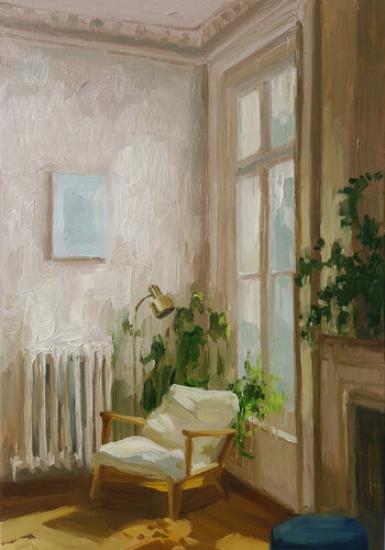 "Coziness" Cozy place by the window oil art de Yana Sagan, Pintura a la venta en Singulart
