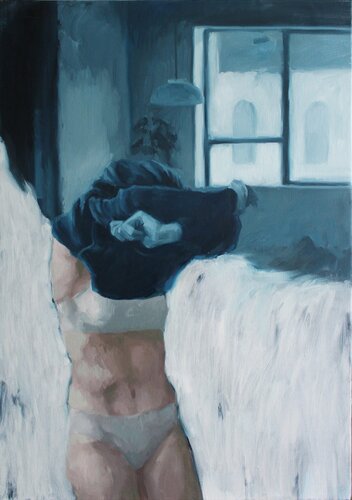 "Stay with yourself" Girl at home oil art van Yana Sagan, Schilderij te koop op Singulart