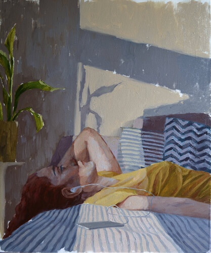 "Thoughts on pause" Girl in earmuffs oil art van Yana Sagan, Schilderij te koop op Singulart