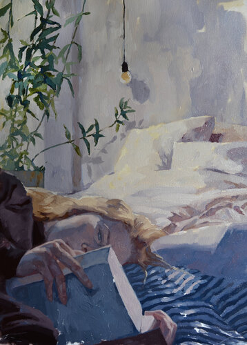 "Reading" Girl reading a book at home, oil art van Yana Sagan, Schilderij te koop op Singulart