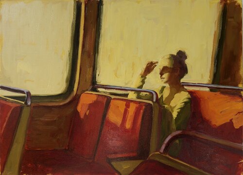 "Girl in a bus " Oil art van Yana Sagan, Schilderij te koop op Singulart