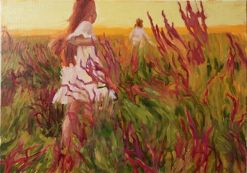 "Walk in the Field" Girls running in a blooming field, oil art van Yana Sagan, Schilderij te koop op Singulart