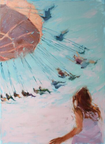 "Carousel" Girl looking at the carousel oil art van Yana Sagan, Schilderij te koop op Singulart