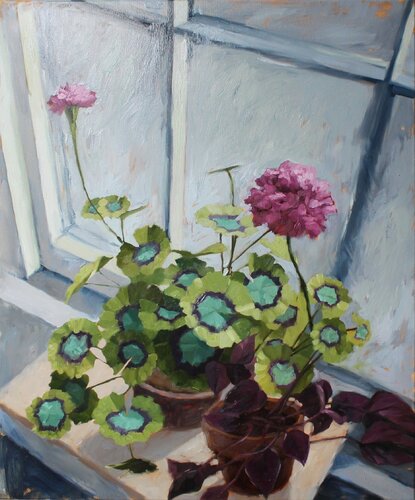 "Flowerpots" Mom's flowerpots on the windowsill oil art van Yana Sagan, Schilderij te koop op Singulart