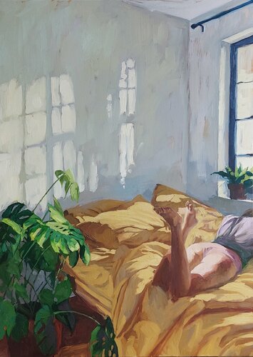 "Relaxin " Girl in bed, oil art van Yana Sagan, Schilderij te koop op Singulart