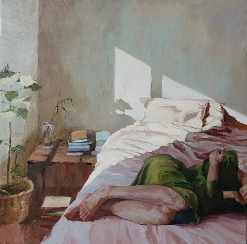 "Loneliness" Girl in bed, oil art van Yana Sagan, Schilderij te koop op Singulart
