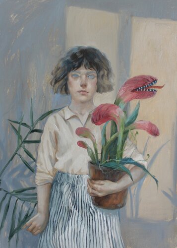 "Girl with a Flowerpot" Flowerpot venus flytrap oil art par Yana Sagan, Peinture en vente sur Singulart