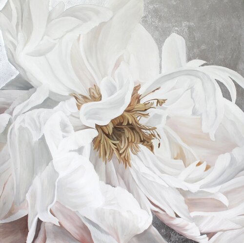 " Silver silk flowers 3 " Silver and white peonies oil art Yana Sagan