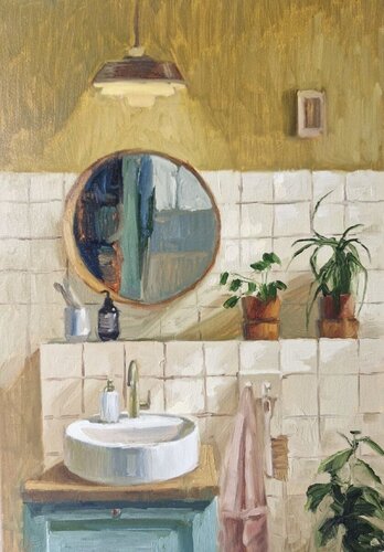"Bathroom" Warm colors art . Everyday life Painting by Yana Sagan, Painting for Sale on Singulart