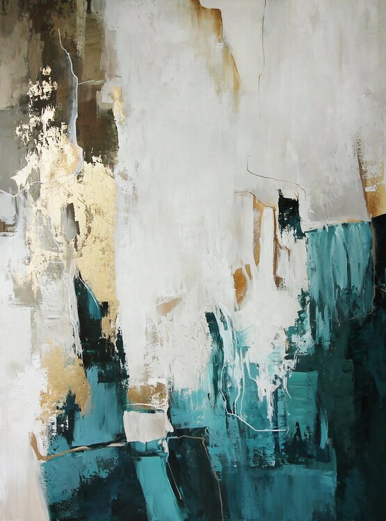 " Teal bloom 2 " Teal and gold cream abstract acrylic art Yana Sagan