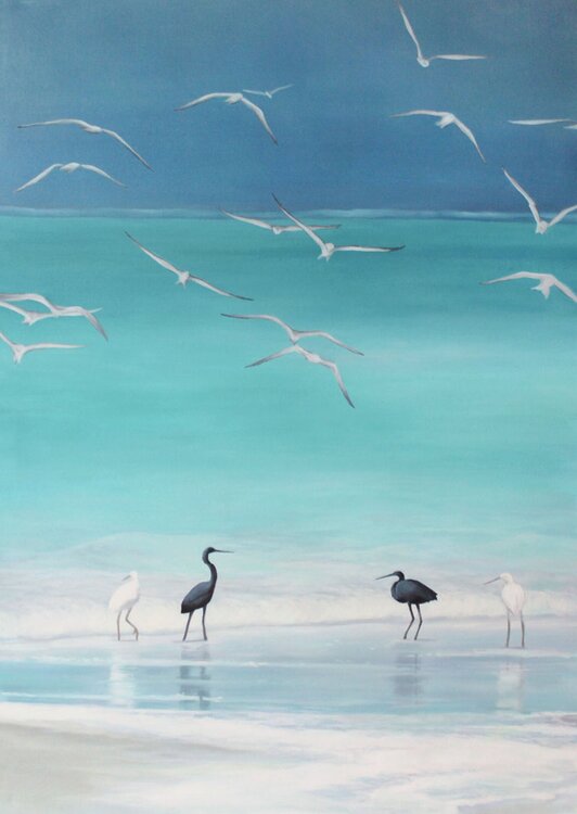 " Cattle Egret " Turquoise seascape oil art Yana Sagan