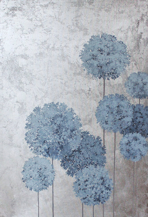 " Flower Balls " Blue  silver flowers abstract acrylic art Yana Sagan