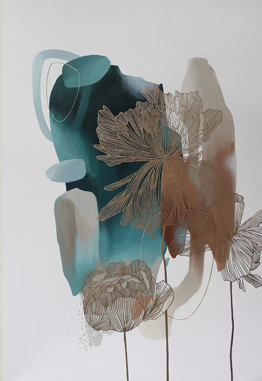 " Thincord 2 " Abstract flower teal gold white acrylic art Yana Sagan