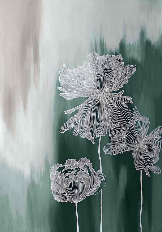 " Emerald Thinness 3 " Abstract flower gray silver green acrylic art Yana Sagan