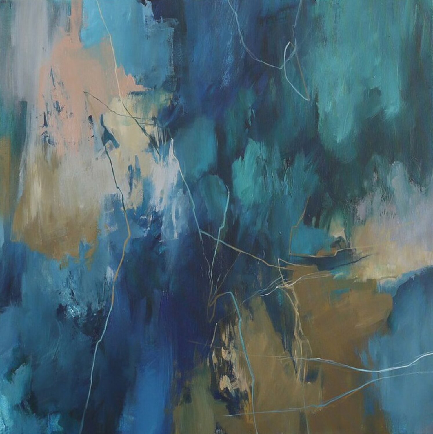 "Consonance" Navy teal brown abstract acrylic art Yana Sagan Dipinto originale in vendita