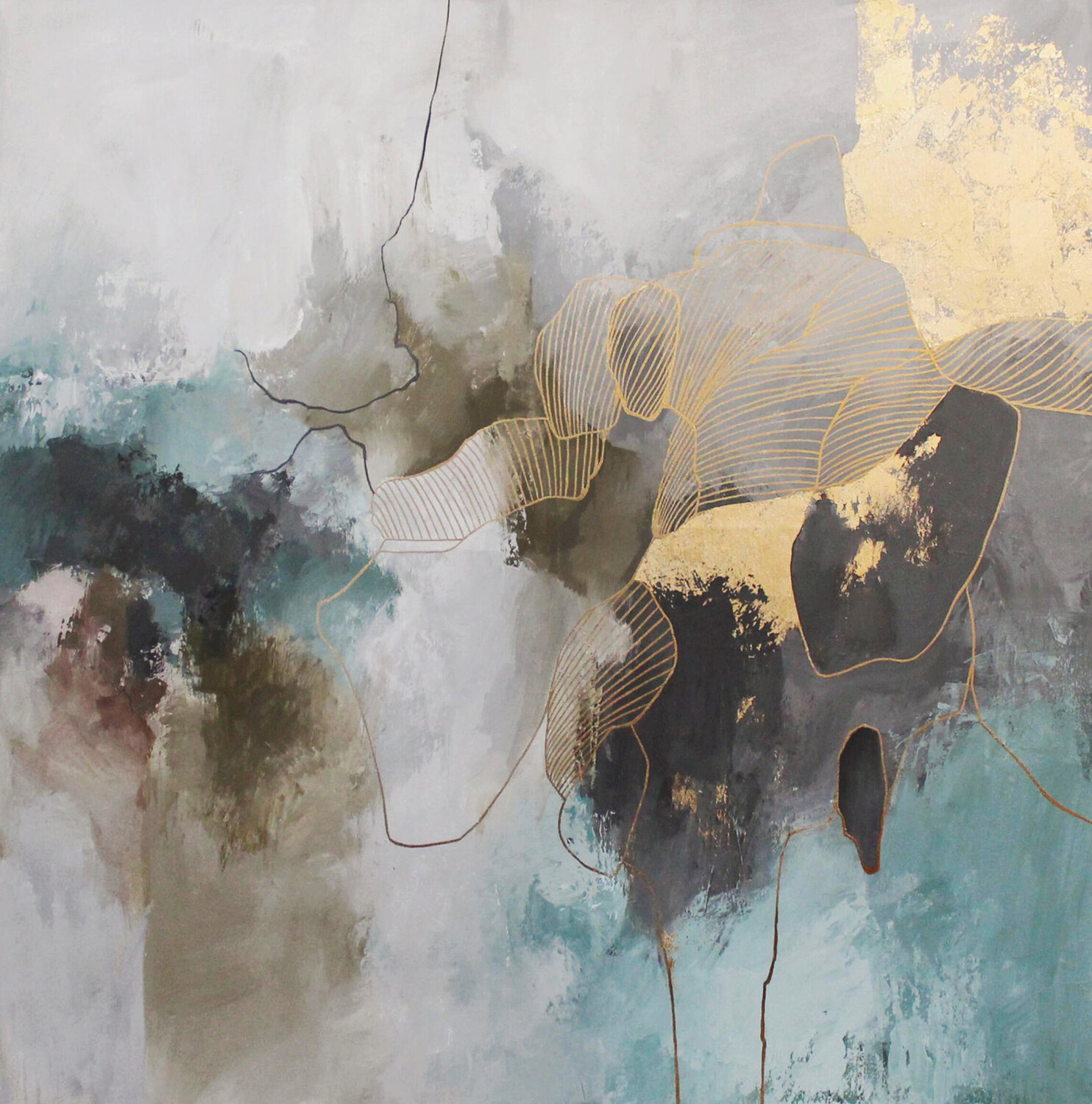 " Miracle " Abstract teal and gold acrylic art Yana Sagan Dipinto originale in vendita