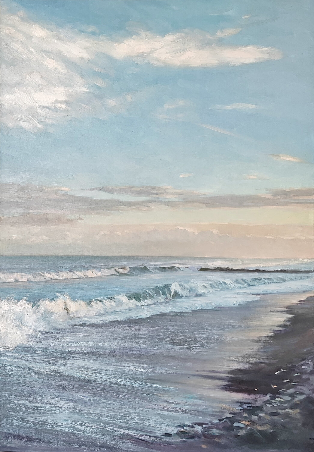 "Sea" Blue white seashore oil landscape Yana Sagan Originalgemälde zu verkaufen