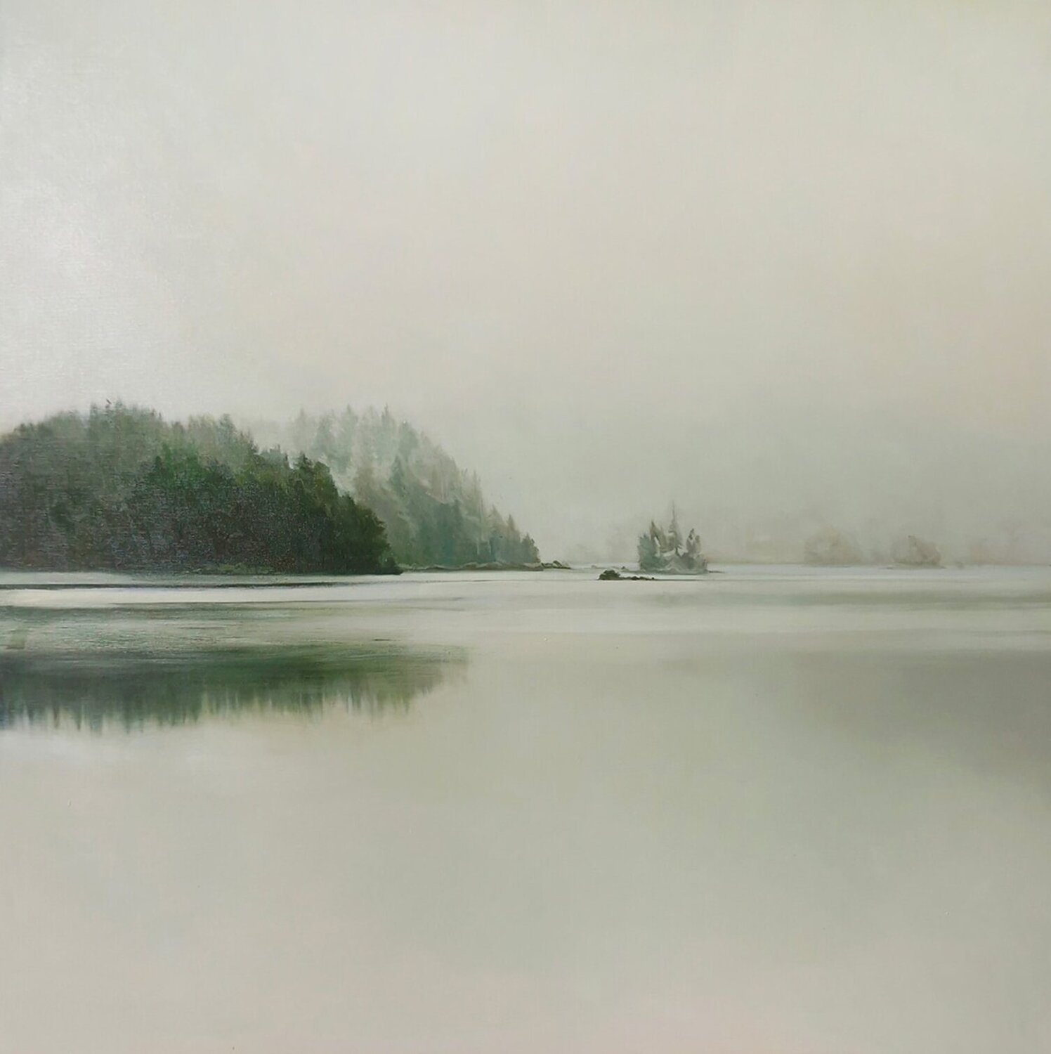 " River Fog 4 " River green forest oil landscape Yana Sagan Originalgemälde zu verkaufen