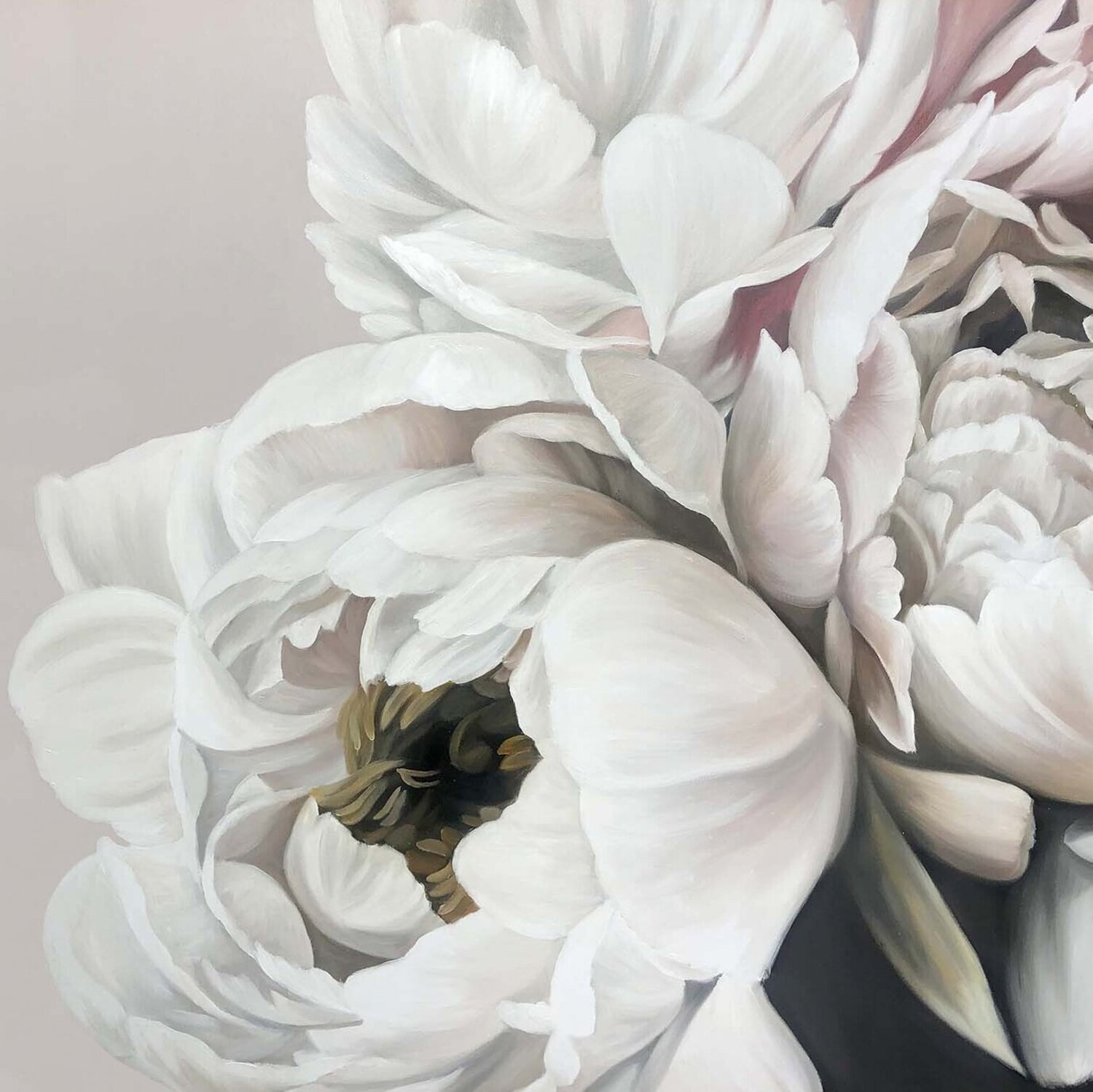" Gray Silk Peonies " White gray flower oil art Yana Sagan Dipinto originale in vendita