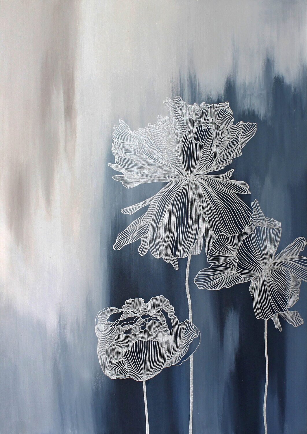 " Thinness 4 " Abstract navy silver flowers  acrylic art Yana Sagan