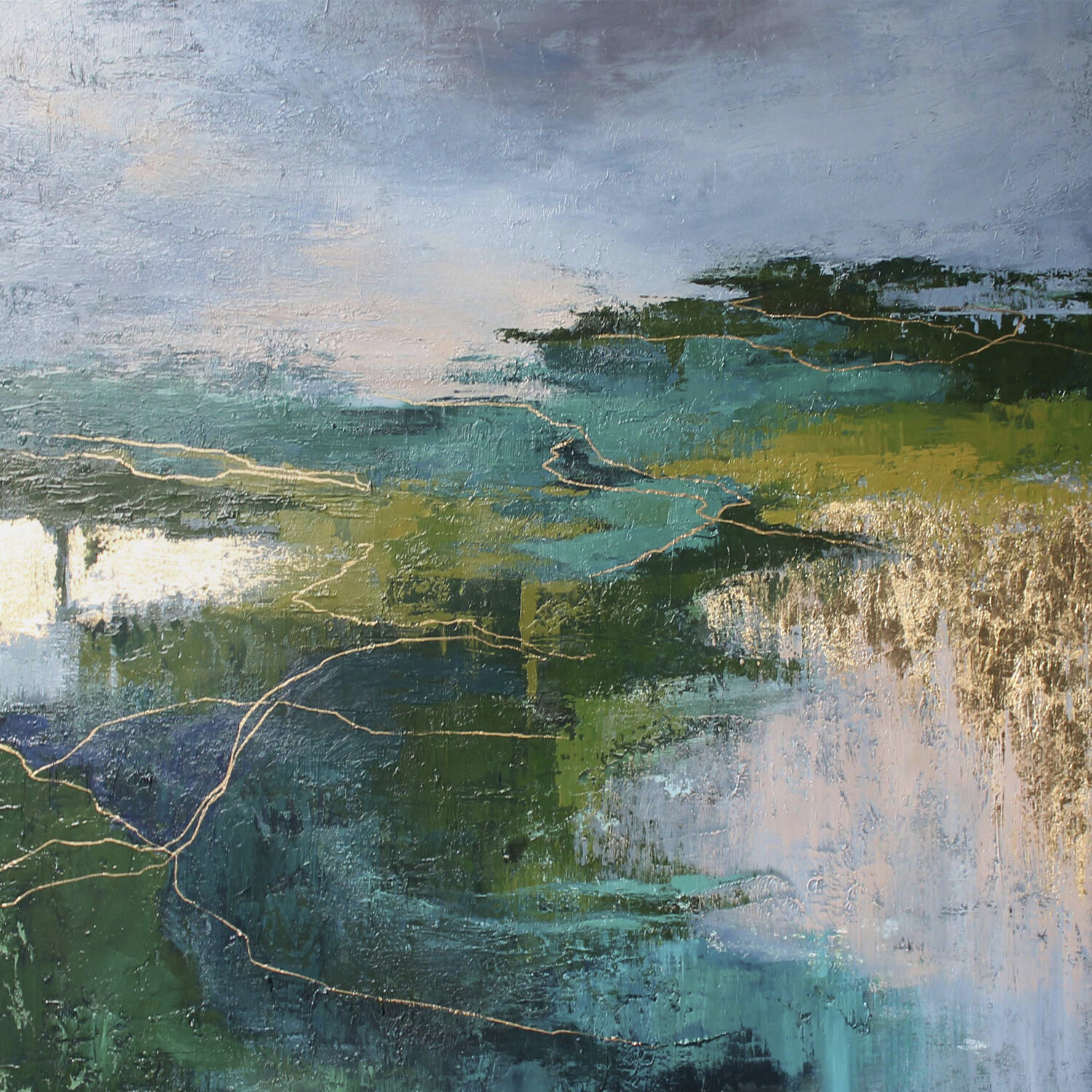 " Riverside " Abstract forest green and gold art Yana Sagan Originalgemälde zu verkaufen