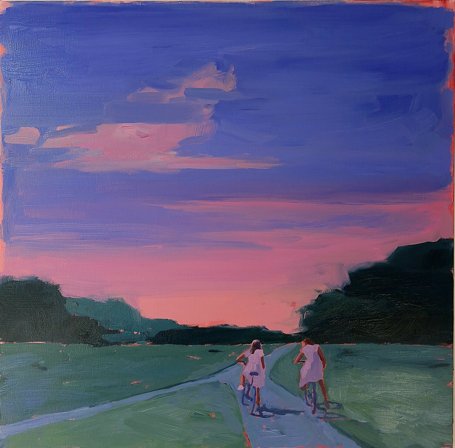 "Summer evening" Summer walk with bicycles oil art Yana Sagan Originalgemälde zu verkaufen