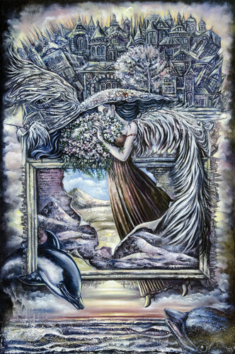 Original mysterious paintings/surrealism painting/girl and dolphins painting di Olena Brzhosniovska, Altri media in vendita su Singulart