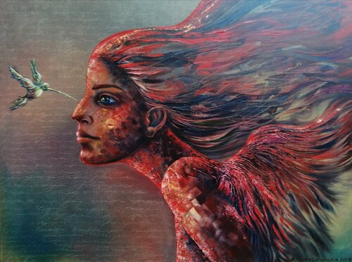 Original painting "Girl and Bird" fantasy art di Olena Brzhosniovska, Altri media in vendita su Singulart