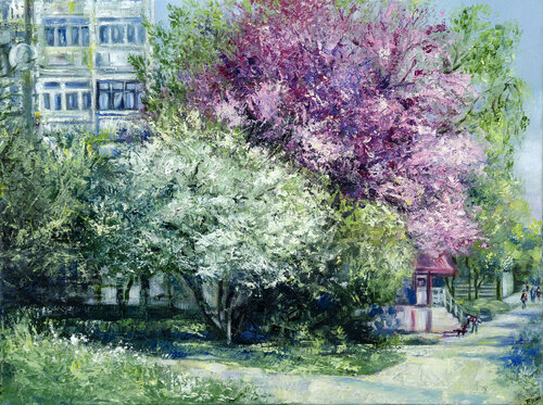 Painting "Spring in my city", canvas/oil par Olena Brzhosniovska, Autres supports en vente sur Singulart