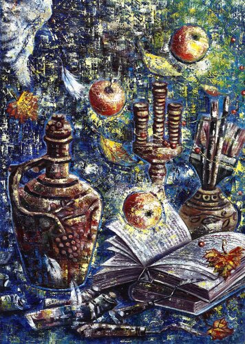 Painting, oil on canvas "Still life with a jug, a book and apples" by Olena Brzhosniovska, Painting for Sale on Singulart