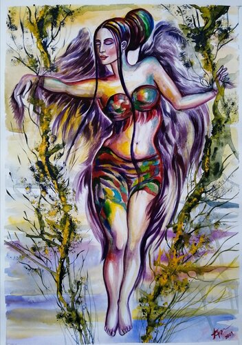 " Woman and bird "painting/Watercolor  , paper van Olena Brzhosniovska, Werk op papier te koop op Singulart
