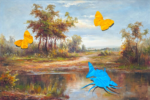 “The Waiting Game” Contemporary Trompe L'oeil Papercut Fish Painting van Wood Fancher Anthony, Schilderij te koop op Singulart