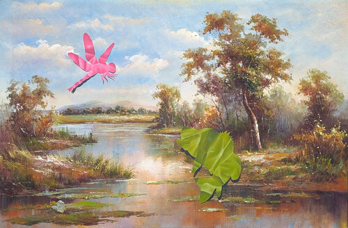 “A Quick Lunch” Contemporary Trompe L'oeil Papercut Green Fish Painting van Wood Fancher Anthony, Schilderij te koop op Singulart