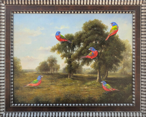 “Painted Buntings” Contemporary Hyper-Realistic Bird Rural Landscape Painting von Wood Fancher Anthony, Malerei kaufen auf Singulart