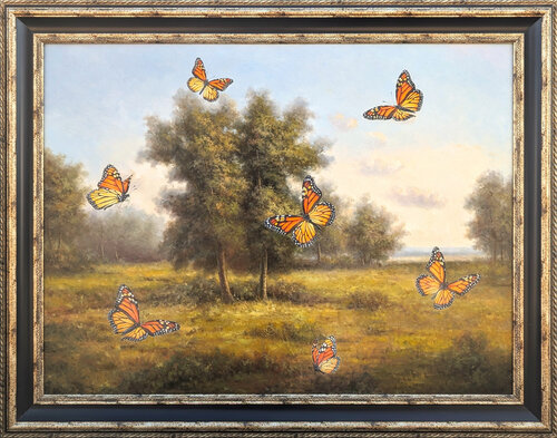 “Monarchs” Contemporary Hyper-Realistic Butterfly Rural Landscape Painting di Wood Fancher Anthony, Pittura in vendita su Singulart