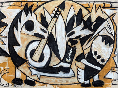 "Horses and Music" Contemporary Black, White, & Orange Western Cowboy Painting von Nick Stevenson, Malerei kaufen auf Singulart