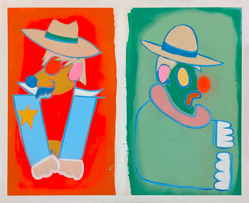 "Rodeo Clowns" Contemporary Colorful Orange and Green Western Cowboy Painting von Nick Stevenson, Malerei kaufen auf Singulart