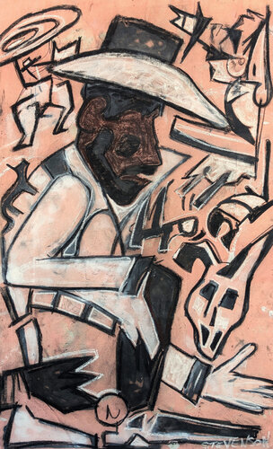 Contemporary Abstract Black Cowboy Against Pink Western Figure Painting von Nick Stevenson, Malerei kaufen auf Singulart