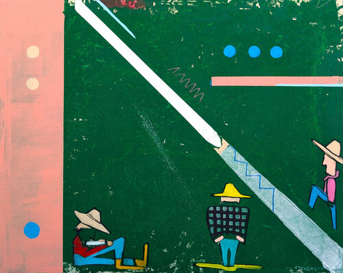 Contemporary Abstract Three Cowboys Against Green Western Figure Painting von Nick Stevenson, Malerei kaufen auf Singulart
