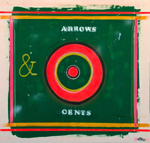 "Arrows & Cents" Contemporary Abstract Green, Red, & Yellow Target Painting von Nick Stevenson, Malerei kaufen auf Singulart