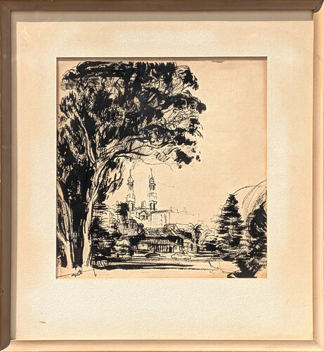 Early Modern Black and White Landscape Ink Drawing of Buildings in San Francisco von Edsel Cramer, Malerei kaufen auf Singulart