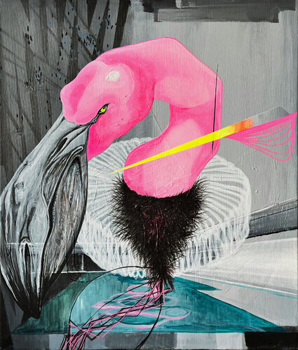 Flamingo am Bungalow by Patrick Reischel, 회화 for Sale on Singulart