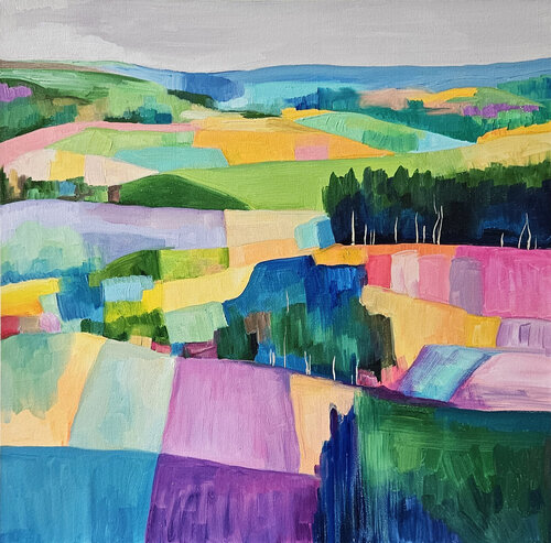 CalmGeometry. Abstract Colorful Landscape Painting. Vibrant Fields Wall Art by Tanya Ocean, Painting for Sale on Singulart
