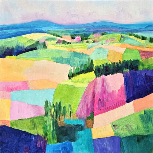 The Earth Remembers. Colorful Patchwork Fields - Semi-Abstract Countryside Painting Tanya Ocean
